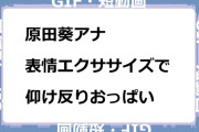 原田葵アナ　表情エクササイズで仰け反りおっぱいGIF