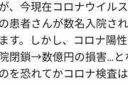 大阪の病院「コロナっぽい患者が数人いる。でも検査したら病院閉鎖→数億円の損害。だからしない」これマジ！？