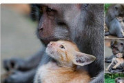 【画像】母親のいない猫ちゃん　猿に育てられる