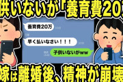 【2ch修羅場スレ】不倫汚嫁「子供の養育費20万早く払え！」俺「子供いないが？www」子供いないのに養育費請求する理由…元嫁は離婚後、精神が崩壊…