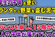 【胸糞】子供を使い、ベランダから野菜を盗む泥ママ→子供2人がマンション15階から落ちていった【2ch修羅場スレ・ゆっくり解説】