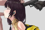【射精と同時に撃たれそう】銃を頭に突き付けられつつフェラチオする女子達の二次エロ画像