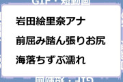 岩田絵里奈アナ　前屈み踏ん張りお尻！海落ちずぶ濡れGIF