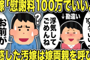 【2ch修羅場スレ】汚嫁「慰謝料100万でいいよ！浮気してごめんね…」俺「お前が払うのw何を言ってるんだ？スレ民の言う通りだったw」弁護士も困惑！事態を理解した汚嫁は嫁両親を召喚するが…