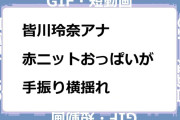 皆川玲奈アナ　赤ニットおっぱいが手振り横揺れGIF