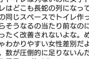 【悲報】フェミ「女子トイレが行列になるのは差別！男の数倍用意しろ！！」