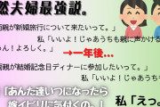 【2ch天然夫婦】夫「新婚旅行に両親が同行したいって」私「OK！うちも呼ぼうかな」夫「OK！」何も知らずに来た義父母は当日に私両親を見てビックリ。→母「嫁イビリだから。あんたニブすぎ。」【ゆっくり】